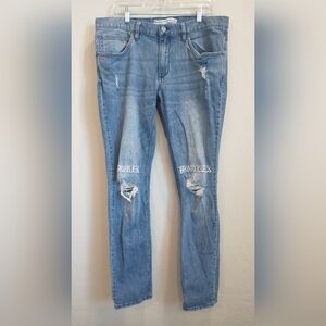 Broken Promises Men's Distressed Blue Jeans Straight Leg Size 36
